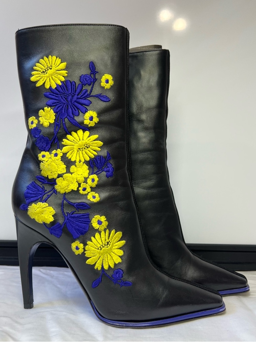 Versace Black Leather Mid-Calf Heeled Boots with Yellow & Blue Floral Embroidery